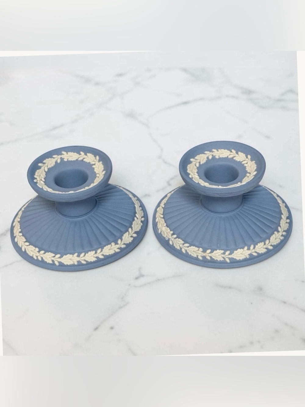 Vintage Wedgwood Blue Jasperwear Candlestick Holders Ribbed Made in England